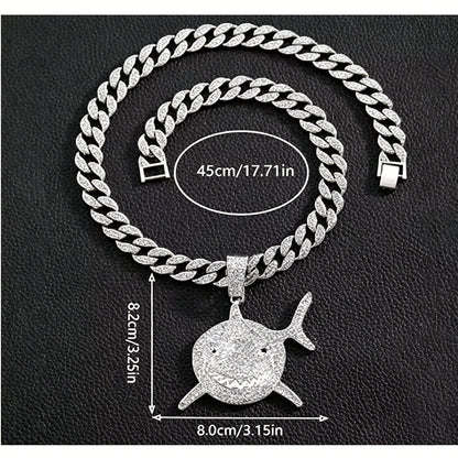 Shark Pendant Necklace With 20in Cuban Link Chain, 13mm Width