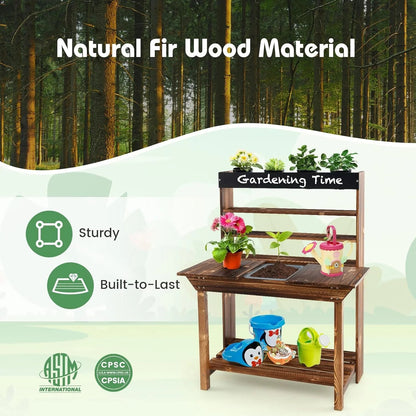 DORTALA Kids Potting Bench Mud Kitchen, Fir Wood, 4 Pots, 28 x 16 x 36 in