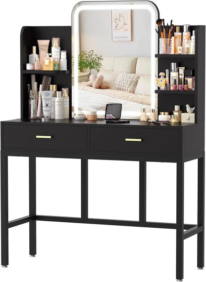 Cyclysio Makeup Vanity Desk With LED Mirror, 2 Drawers And 5 Open Shelves