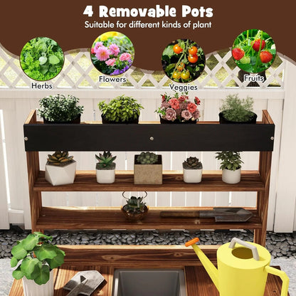 DORTALA Kids Potting Bench Mud Kitchen, Fir Wood, 4 Pots, 28 x 16 x 36 in