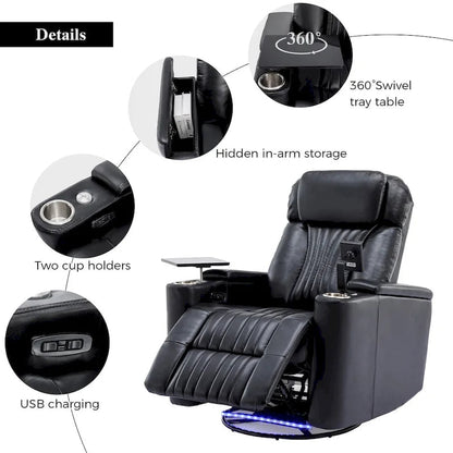 Power Home Theater Recliner Chair, 34.6 D x 38.2 W x 41.4 H, 110-160 Recline, 270 Swivel