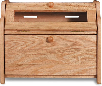 Solid Wood Oak Bread Box, Double Layer, Large Capacity, Clear Window - Nature