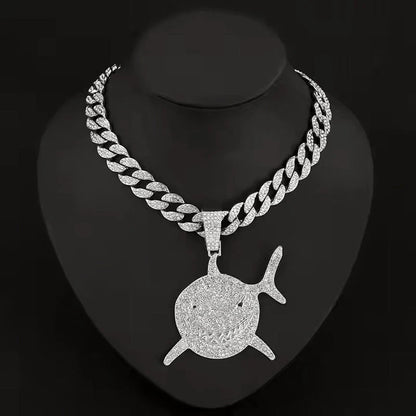 Shark Pendant Necklace With 20in Cuban Link Chain, 13mm Width